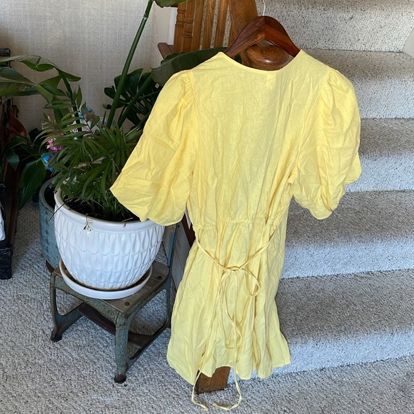 Old Navy Linen Waist Define Puff Sleeve Wrap Dress Morning Sun - Picture 10 of 15